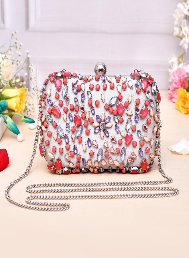 VOYLLA Trendy Bags Coloured Stones Clutch For Women|Gift for her|Gift for Women|Gift Bags|Party|Bridal|With Sling||Multicolour| - Image 2